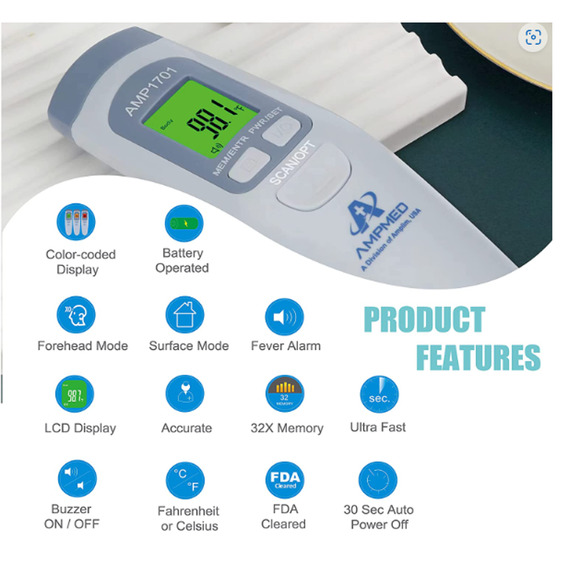 AMPMED Non-Contact Digital Infrared Forehead Thermometer - Picture 3 of 4